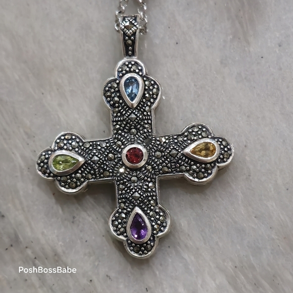 Sterling Silver Marcasite Multi-Gemstone Cross Pendant Necklace – 30" Chain - Picture 4 of 15